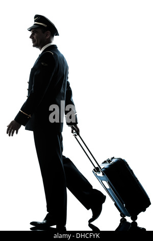 ein kaukasischer Mann in Airline-Piloten uniform im Studio isoliert auf weißem Hintergrund Stockfoto