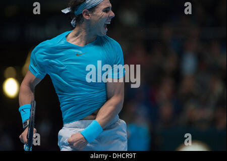 London, UK. 6. November 2013. Rafael Nadal (ESP) gewinnt Matchball im Match mit Stanislas Wawrinka (SUI) auf die Barclays ATP World Tour Finals © Malcolm Park Leitartikel/Alamy Live-Nachrichten Stockfoto