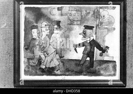 Ein nationalsozialistisches Propagandafilm zeigt ein Gemälde von George Grosz auf der Degenerate Art Exhibition in Dresden, Deutschland, September 1933. Die Ausstellung wurde im September 1933 in Dresden eröffnet. Der zeitgenössische Originaltitel lautet: "Grosz. Akquisition 1920 - 6,80.-- RM.' Fotoarchiv für Zeitgeschichte / DATEI - KEIN KABELSERVICE - Stockfoto