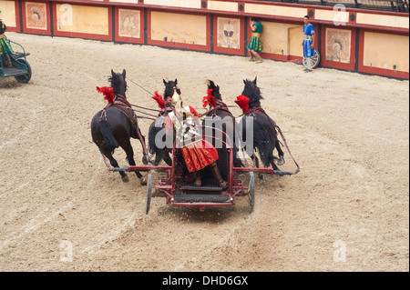 Nachstellung der Roman Chariot Race im Amphitheater von Puy Du Fou France Stockfoto