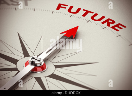 Realistische konzeptionelle 3D-Render Bild mit Schärfentiefe-Unschärfeeffekt. Kompass mit der Nadel zeigt das Wort Zukunft Stockfoto