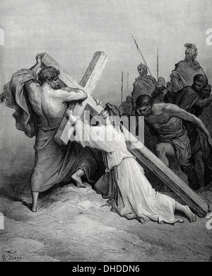 Neuen Testaments. Lukas-Evangelium. Kapitel XXIII. Jesus fällt unter der Last des Kreuzes. Gravur. Stockfoto