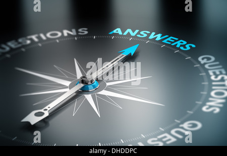 Realistische konzeptionelle 3D-Render Bild mit Schärfentiefe-Unschärfeeffekt. Kompass mit der Nadel zeigt die Wortantwort. Stockfoto