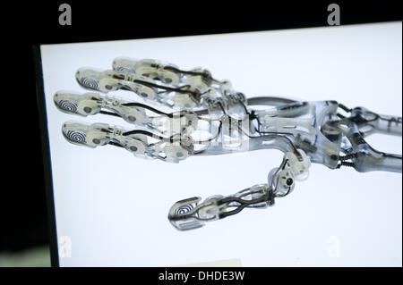 London, UK. 7. November 2013. eine 3D gedruckte Armprothese von der University of Nottingham ist auf dem Display an der 3D Printshow im Business Design Centre in London. Die Schau versammelt die größten Namen in 3D-Drucktechnologie neben der kreativen, spannendsten und innovativsten Einzelpersonen mit Additiven Verfahren heute. Bildnachweis: Piero Cruciatti/Alamy Live-Nachrichten Stockfoto