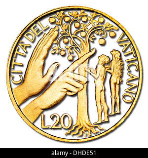 Adam und Eva im Garten Eden / hand Gottes / Verbotene Früchte von einer Vatikanischen 20L-Münze Stockfoto