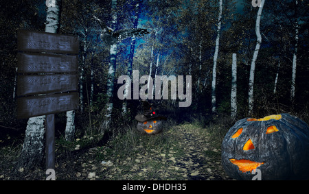 Halloweenv Wald Kürbisse und Säule Stockfoto