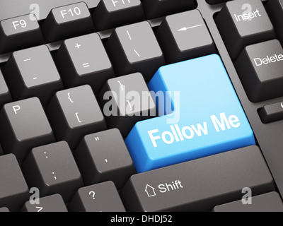 Schwarze Tastatur mit blauen Follow Me Taste Stockfoto