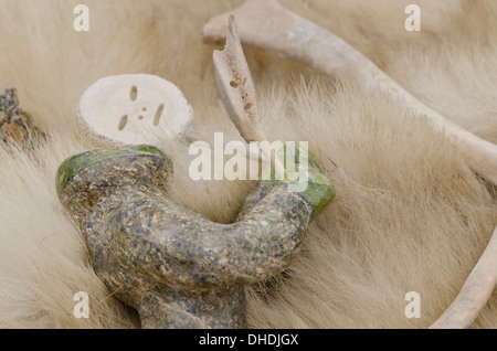 Kanada, Nunavut, Qikiqtaaluk, Cape Dorset. Speckstein Schnitzen auf Eisbär Fell. Stockfoto