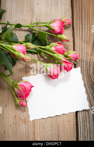 Weiße Karte und rosa Rosen auf einem hölzernen Hintergrund Stockfoto