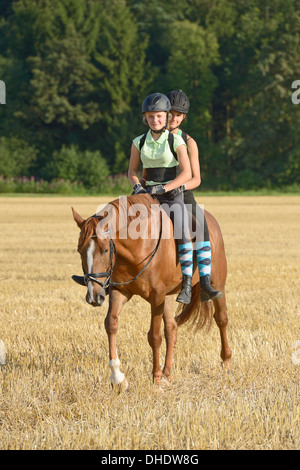 Zwei Mädchen (tragen Helm und Rücken Protektor) Reiten zusammen auf Rückseite ein "Irish Sport Horse" Pony in einem Stoppelfeld Stockfoto