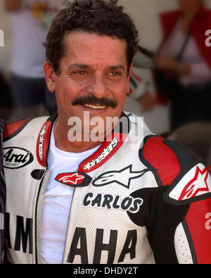 Jarama Vintage Festival 30. Oktober 2011. Carlos Lavado Jones zweifache 250ccm Weltmeister Straße Motorradrennfahrer. Stockfoto