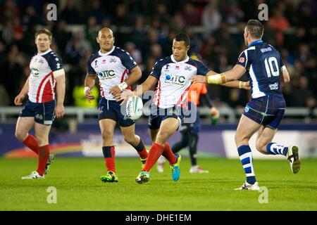 Salford, UK. 7. November 2013. Joseph Paulo (USA Parramatta Eels) während der Rugby League World Cup Gruppe C/D Spiel zwischen Schottland und den USA aus dem AJ-Bell-Stadion. Bildnachweis: Aktion Plus Sport/Alamy Live-Nachrichten Stockfoto