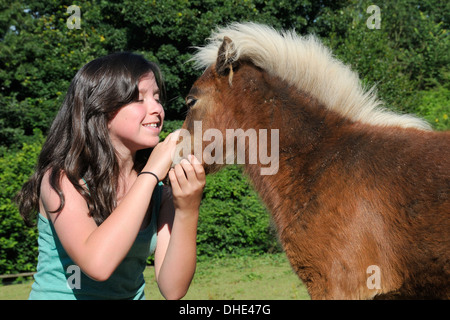 Mädchen lächelnd, als sie den Kopf von einem American Miniature Pferd (Equus Caballus) Fohlen, Wiltshire, UK streichelt. Stockfoto