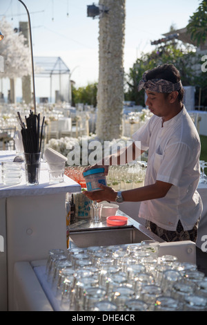 Barkeeper Barkeeper Fix Drink cocktail erschossen Party Bar vorbereiten machen frisch erfrischende Alkohol Rezeption Mohito Saft Schnaps Haufen mischen Stockfoto