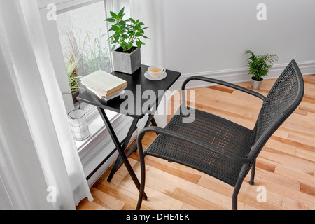 Schwarzer Stuhl und Tisch in einem hellen Raum mit Grünpflanzen. Stockfoto
