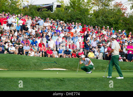 Dublin, Ohio, USA. 3. Oktober 2013. (L-R) Hideki Matsuyama, Adam Scott (JPN) Golf: International Team Hideki Matsuyama in Japan und Adam Scott von Australien in den ersten Runden Vierball Spiele der Presidents Cup bei Muirfield Village Golf Club in Dublin, Ohio, Vereinigte Staaten von Amerika. © Thomas Anderson/AFLO/Alamy Live-Nachrichten Stockfoto