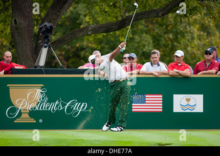 Dublin, Ohio, USA. 3. Oktober 2013. Hideki Matsuyama (JPN) Golf: International Team Hideki Matsuyama in Japan während der ersten Runde vier-Ball Spiele der Presidents Cup bei Muirfield Village Golf Club in Dublin, Ohio, Vereinigte Staaten von Amerika. © Thomas Anderson/AFLO/Alamy Live-Nachrichten Stockfoto