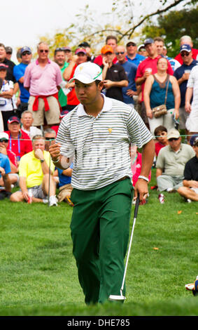 Dublin, Ohio, USA. 3. Oktober 2013. Hideki Matsuyama (JPN) Golf: International Team Hideki Matsuyama in Japan während der ersten Runde vier-Ball Spiele der Presidents Cup bei Muirfield Village Golf Club in Dublin, Ohio, Vereinigte Staaten von Amerika. © Thomas Anderson/AFLO/Alamy Live-Nachrichten Stockfoto