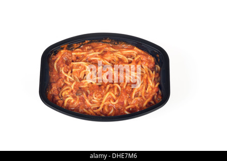 Gefrorene Fertiggerichte Tablett mit Spaghetti und Fleisch-Sauce gekocht Stockfoto