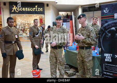 Bristol, UK, 7. November 2013. Die Royal British Legion und Freiwilligen im Cabot Circus Shopping Centre am Bristol Poppy Day aktiv. Die Royal Corps of Signals zu sammeln, und Rigles (rechts). Bildnachweis: Sophie Merlo/Alamy Live News Stockfoto