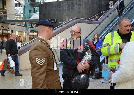 Bristol, UK, 7. November 2013. Die Royal British Legion und Freiwilligen im Cabot Circus Shopping Centre am Bristol Poppy Day aktiv. RBL-Fahrer mit einigen Spenden. Bildnachweis: Sophie Merlo/Alamy Live News Stockfoto