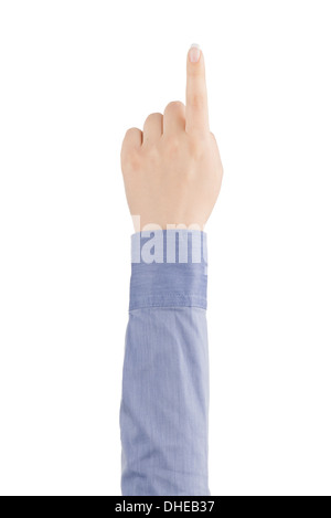 Der Zeigefinger der Hand einer Frau in einem Hemd ist virtuelle Bildschirm auf einem weißen Hintergrund, Ansicht von oben berühren. Stockfoto