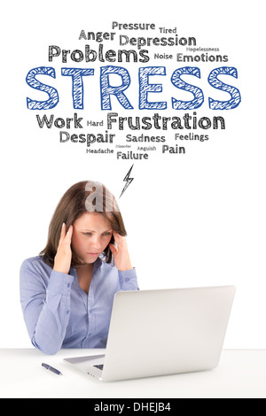 Business-Frau unter Stress Emotionen Blase vor modernen Laptop sitzt und Hand in Hand hinter den Kopf. Stockfoto