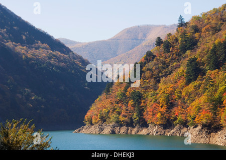 Reservoir, umgeben von Bergen mit Herbst farbige Bäume, Präfektur Nagano, Insel Honshu, Japan, Asien Stockfoto