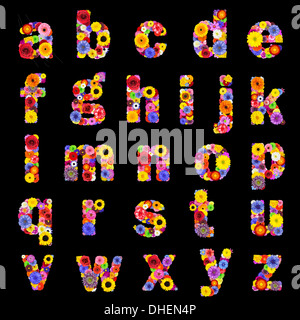 Volle Floral Alphabet auf schwarzem Hintergrund isoliert. Buchstaben von A bis Z viele bunte und originelle Blumen gemacht Stockfoto