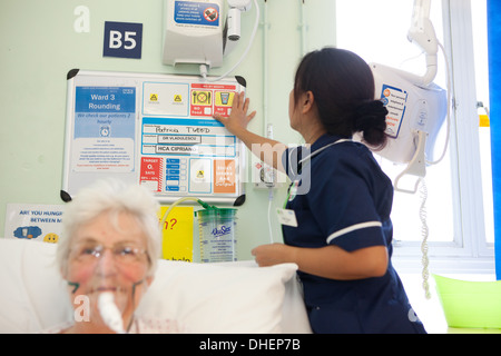 Eine philippinische Krankenschwester hilft eine ältere Frau im Bett UK Stockfoto