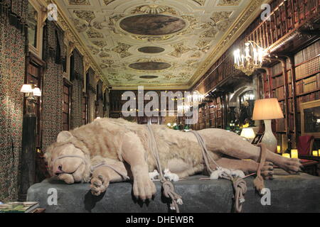 Peak District, Derbyshire, UK. 8. November 2013.  Aslan Lügen auf den steinernen Tisch in Chatsworth Bibliothek für das magische Land Narnia in Chatsworth gebunden "sieht, dass das Herrenhaus unteren Etagen mit Bäumen, Schnee und Schlitten, C. S Lewis winterliche Wunderland neu dekoriert.  Mit kostümierte Führungen zu helfen, die Geschichte zum Leben zu erwecken Zeichen einschließlich Aslan und ein Kinder Trail, die Veranstaltung für das Publikum ab Samstag 9 Nov geöffnet.  bis 23 Dec.  2013. Credit: Matthew Taylor/Alamy Live-Nachrichten Stockfoto