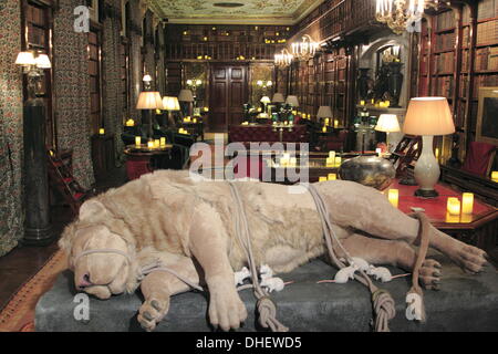 Peak District, Derbyshire, UK. 8. November 2013.  Aslan Lügen auf den steinernen Tisch in Chatsworth Bibliothek für das magische Land Narnia in Chatsworth gebunden "sieht, dass das Herrenhaus unteren Etagen mit Bäumen, Schnee und Schlitten, C. S Lewis winterliche Wunderland neu dekoriert.  Mit kostümierte Führungen zu helfen, die Geschichte zum Leben zu erwecken Zeichen einschließlich Aslan und ein Kinder Trail, die Veranstaltung für das Publikum ab Samstag 9 Nov geöffnet.  bis 23 Dec.  2013. Credit: Matthew Taylor/Alamy Live-Nachrichten Stockfoto