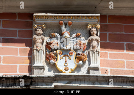 Wappen von Elisabeth Gogreve, Dempterhaus, Leisthaus, 1607, Weser-Renaissance-Stil, Museum, Hameln, Niedersachsen, Deutschland Stockfoto