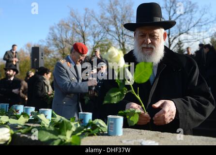 Berlin, Deutschland. 8. November 2013. Rabbiner Chaim Rozwaski legt eine Blume während einer Kranzniederlegung anlässlich des 75. Jahrestag der Pogromnacht am Mahnmal Gleis 17 (lit. Track 17) in Berlin, Deutschland, 8. November 2013. Foto: BRITTA PEDERSEN/Dpa/Alamy Live News Stockfoto