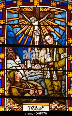 Ersten Weltkrieg gebeizt Glas Fenster Memorial Kirche von Thomas Becket Avrieux Maurienne Savoie Frankreich Frankreich Stockfoto