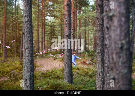 Junge läuft durch den Wald ziehen bunting Stockfoto