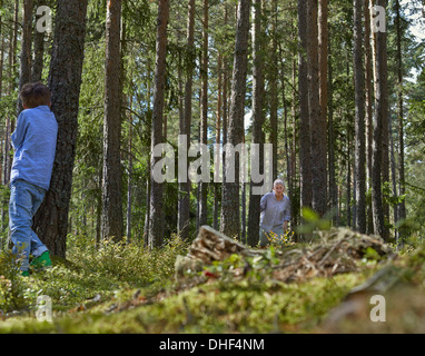 Mutter und Sohn spielen Versteckspiel im Wald Stockfoto