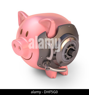 Sparschwein mit Stahltür und Zugangscode gesichert. Clipping-Pfad enthalten. Stockfoto