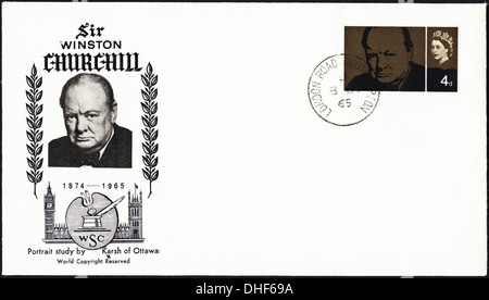 Briefmarke Ersttagsbriefmarke für Sir Winston Churchill datiert 1965 gestempelt London Portrait von Karsh von Ottawa Stockfoto