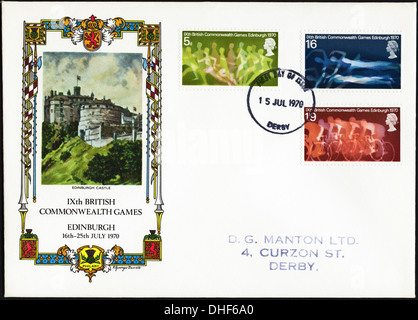 Gedenk-Briefmarke für British Commonwealth Games 1970 datiert 15. Juli 1970 markierte Derby Posten ersten Tag decken Stockfoto
