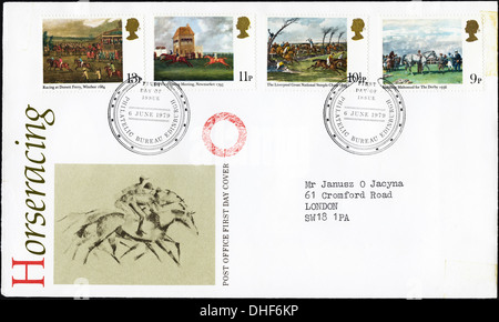 Festschrift Postamt Porto Briefmarken 13p 11 p 10½p & 9P Ersttagsbrief für Pferderennen abgestempelte Philatelic Bureau Edinburgh Ausgabe 6. Juni 1979 Stockfoto