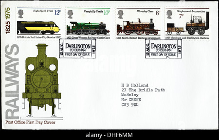 Festschrift Postamt Porto Briefmarken 12p 10 p 8p & 7P ersten Tag decken zum 150. Jubiläum der Eisenbahnen Ausgabe Poststempel Darlington Co Durham 13. August 1975 Stockfoto