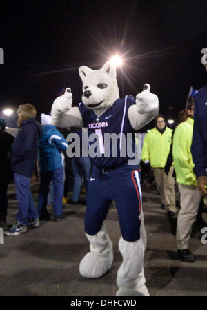 East Hartford, CT, USA. 8. November 2013. Freitag, 8. November 2013: The UConn husky Maskottchen Johnathan Drehzahl die Menschenmenge vor dem Start der NCAA Football-Spiel zwischen Louisville und Connecticut bei Rentschler Field in East Hartford, CT. Bill Shettle / Cal Sport Media/Alamy Live News Stockfoto