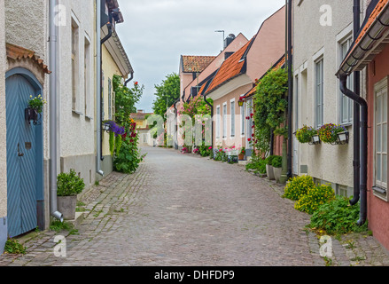 Straße mit alten Häusern in Visby, ein mittelalterliches Städtchen auf der Insel Gotland, Schweden. Stockfoto