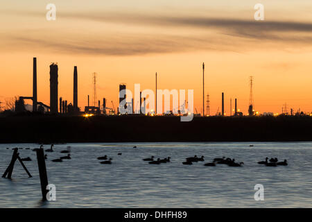 Saltholme RSPB Reservat zwischen Middlesbrough und Hartlepool, Nord-Ost-England, Vereinigtes Königreich. 9. November 2013.  Sonnenaufgang von Saltholme RSPB Reserve mit industriellen Skyline von Seal Sands und Teesside in Ferne. Bildnachweis: ALANDAWSONPHOTOGRAPHY/Alamy Live-Nachrichten Stockfoto