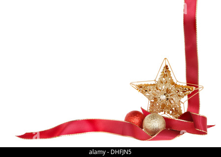 Weihnachten-Grenze, Red Ribbon, gold-Glitter Star und isoliert gegen weiße Kugeln Stockfoto