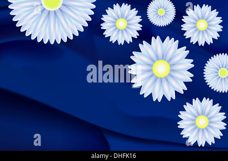 Schöne Zusammenfassung Hintergrund mit Gänseblümchen und Margeriten auf eine blaue Seide. Stockfoto