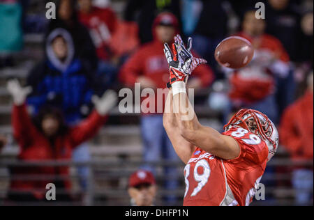 Albuquerque, New Mexico, USA. 8. November 2013. Lobos' ANDREW AHO fängt einen Zweipunkt-Konvertierung-Pass von C. Gautsche gegen die Air Force Falcons im Universitätsstadion. Die New Mexico Lobos schlagen die Falcons 45 37. © Roberto E. Rosales/Albuquerque Journal/ZUMAPRESS.com/Alamy Live-Nachrichten Stockfoto