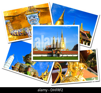 Collage von Wat Phra Kaew Grand Palace, Bangkok, Thailand-Postkarten isoliert auf weißem Hintergrund Stockfoto