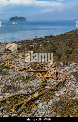 Eine Ankerkette befestigt an einem großen Felsbrocken liegt auf einem auf felsigen Küstenstreifen an Lubec Maine. Stockfoto